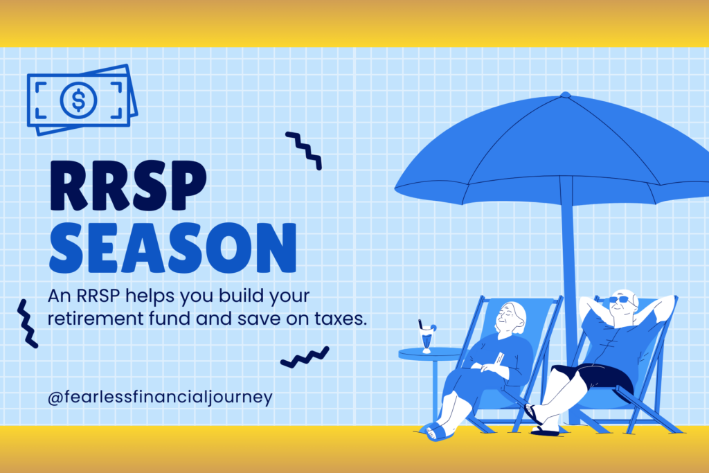 a graphic displaying an elderly coulpe lounging on a beach with the caption 'RRSP Season'