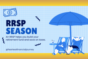 a graphic displaying an elderly coulpe lounging on a beach with the caption 'RRSP Season'